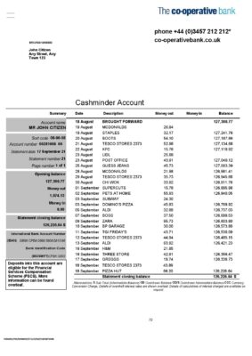 England Editable Templates 9 United Kingdom The Co-operative bank statement in Word and PDF format