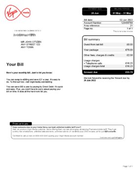 England Editable Templates 5 United Kingdom Virgin Media utility bill, Word and PDF template
