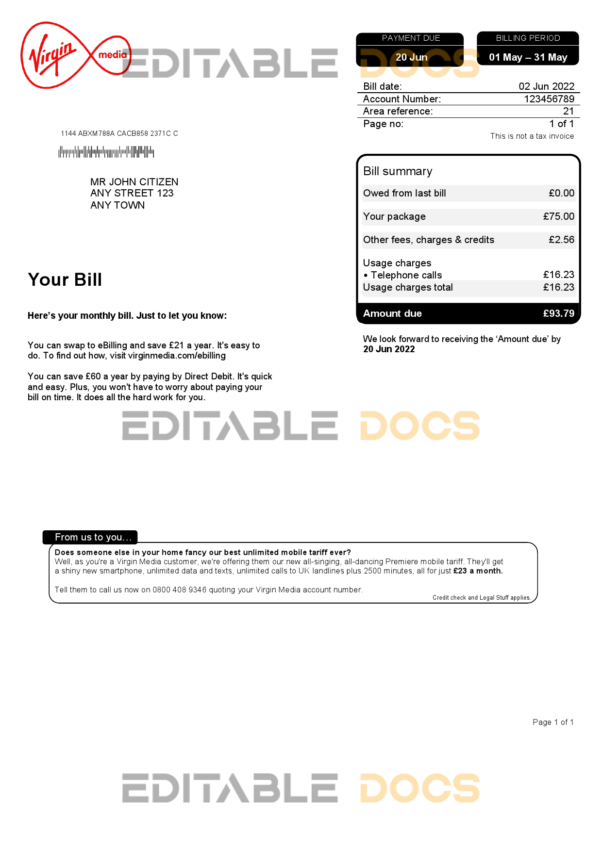 United Kingdom Virgin Media utility bill, Word and PDF template