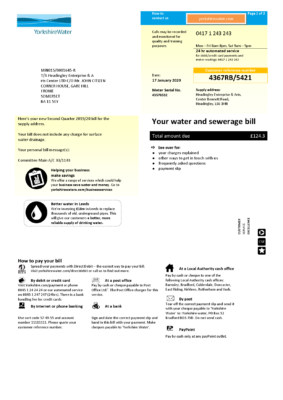 England Editable Templates 6 United Kingdom Yorkshire water utility bill template in Word and PDF format (2 pages)