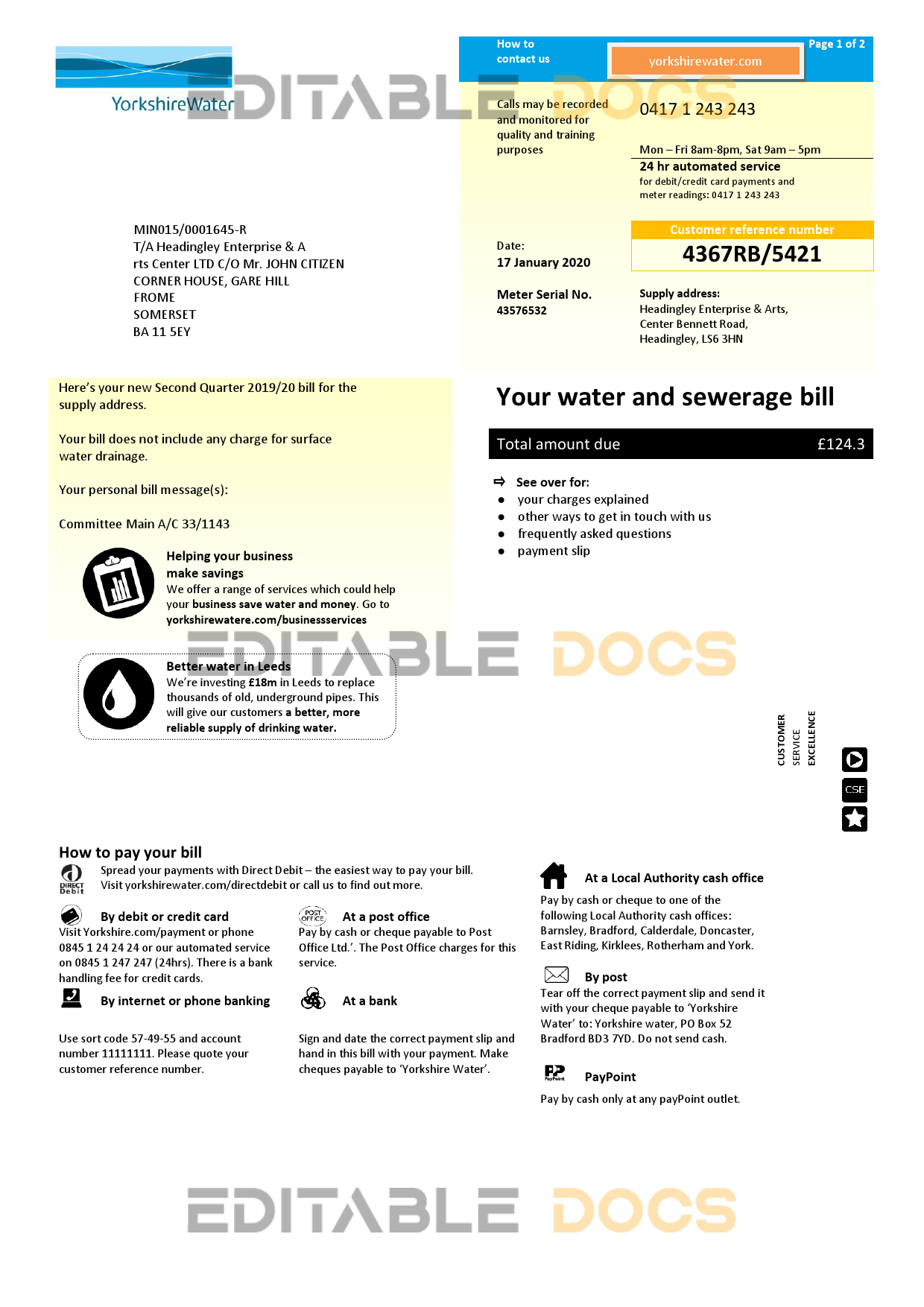 United Kingdom Yorkshire water utility bill template in Word and PDF format (2 pages)