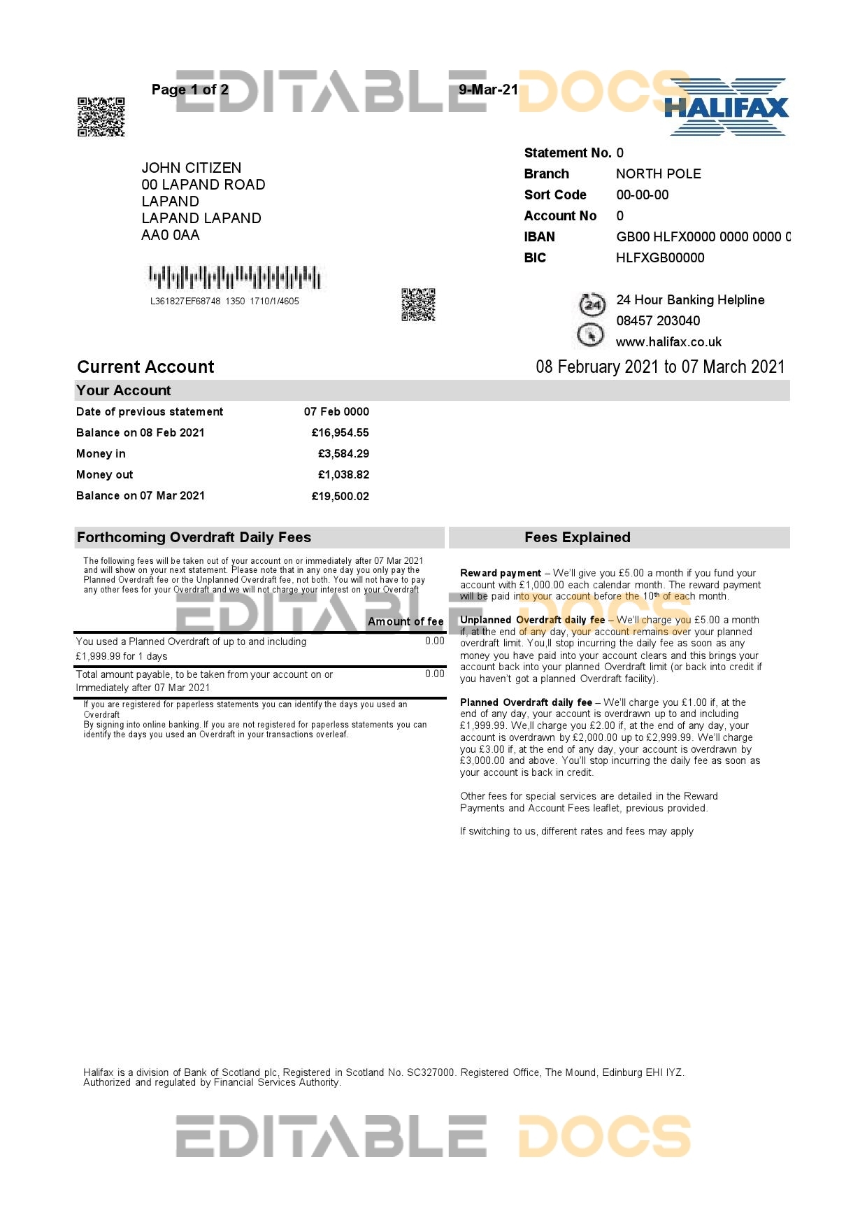 United Kingdom Halifax bank proof of address statement template in Excel and PDF format (2 pages)