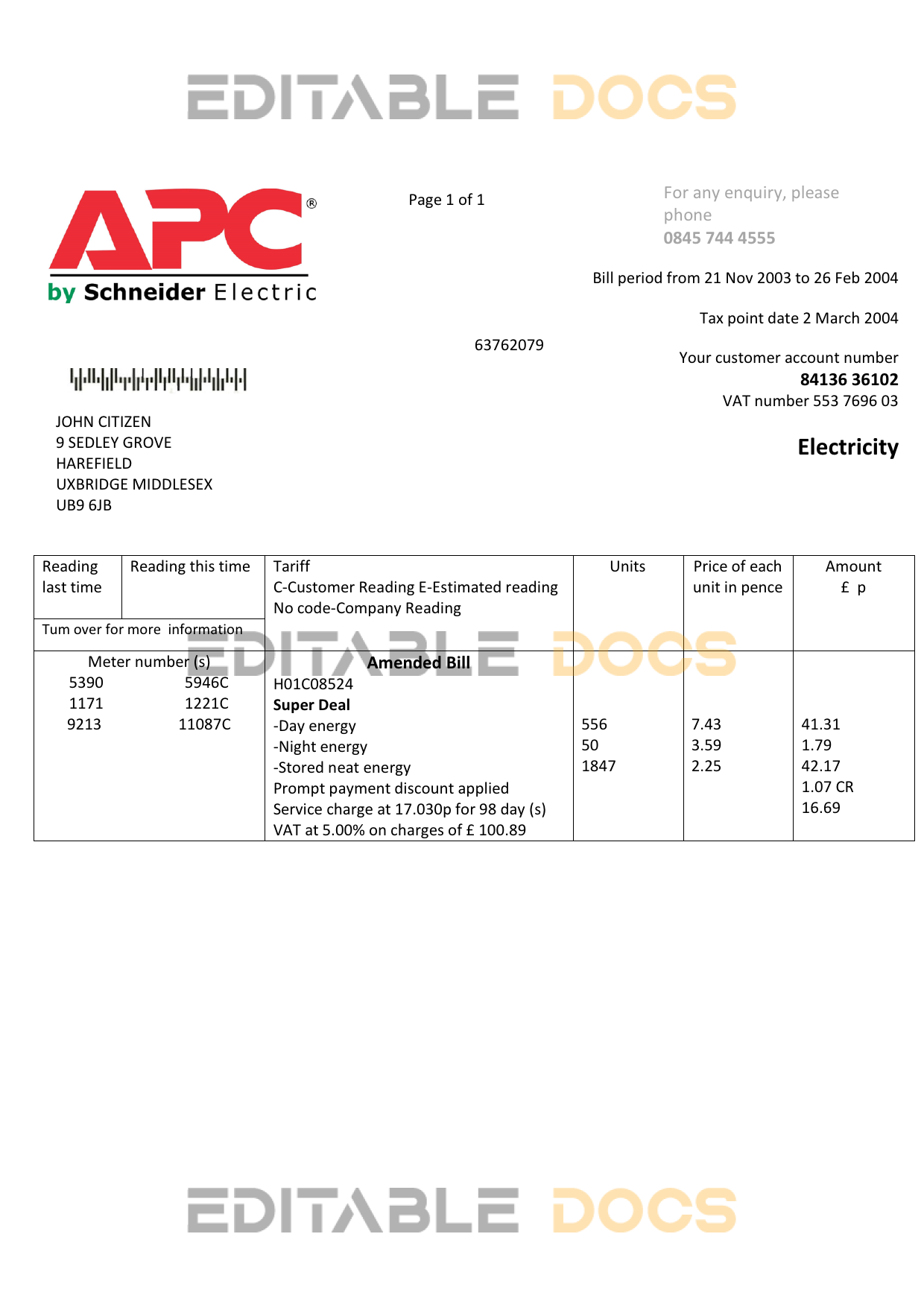 United Kingdom APC electricity utility bill template in Word and PDF format