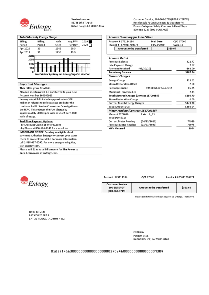 USA Entergy electricity utility bill template in Word and PDF format (2 pages)