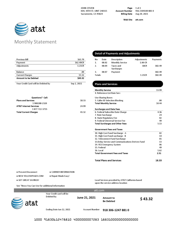 USA Texas AT&T telecommunications utility bill template in Word and PDF format (2 pages)