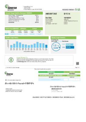 USA Ameren Missouri electricity utility bill template in Word and PDF format (2 pages)