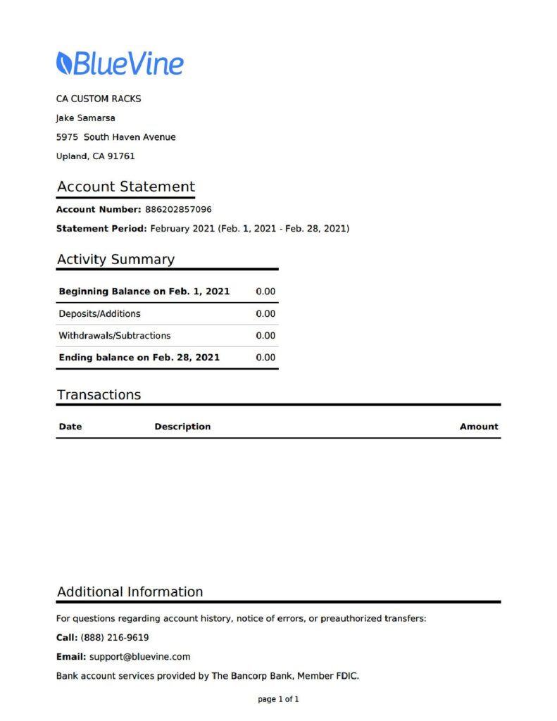 USA California BlueVine bank statement template in Word and PDF format, .doc and .pdf format