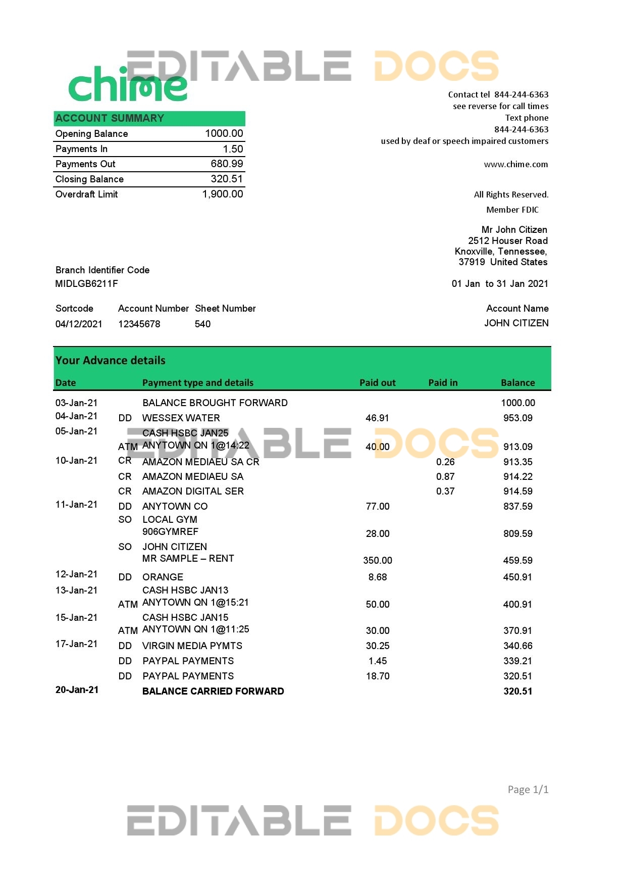 USA San Francisco Chime bank statement template in Excel and PDF format