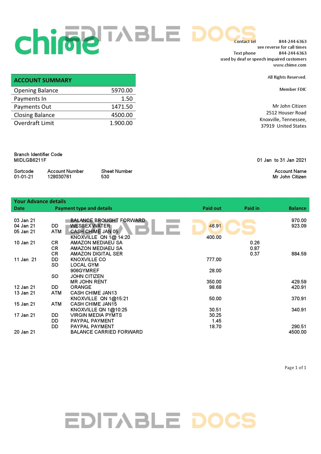 USA San Francisco CHIME bank statement template in Word and PDF format