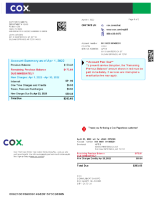 USA COX digital cable television utility bill, Word and PDF template, 2 pages