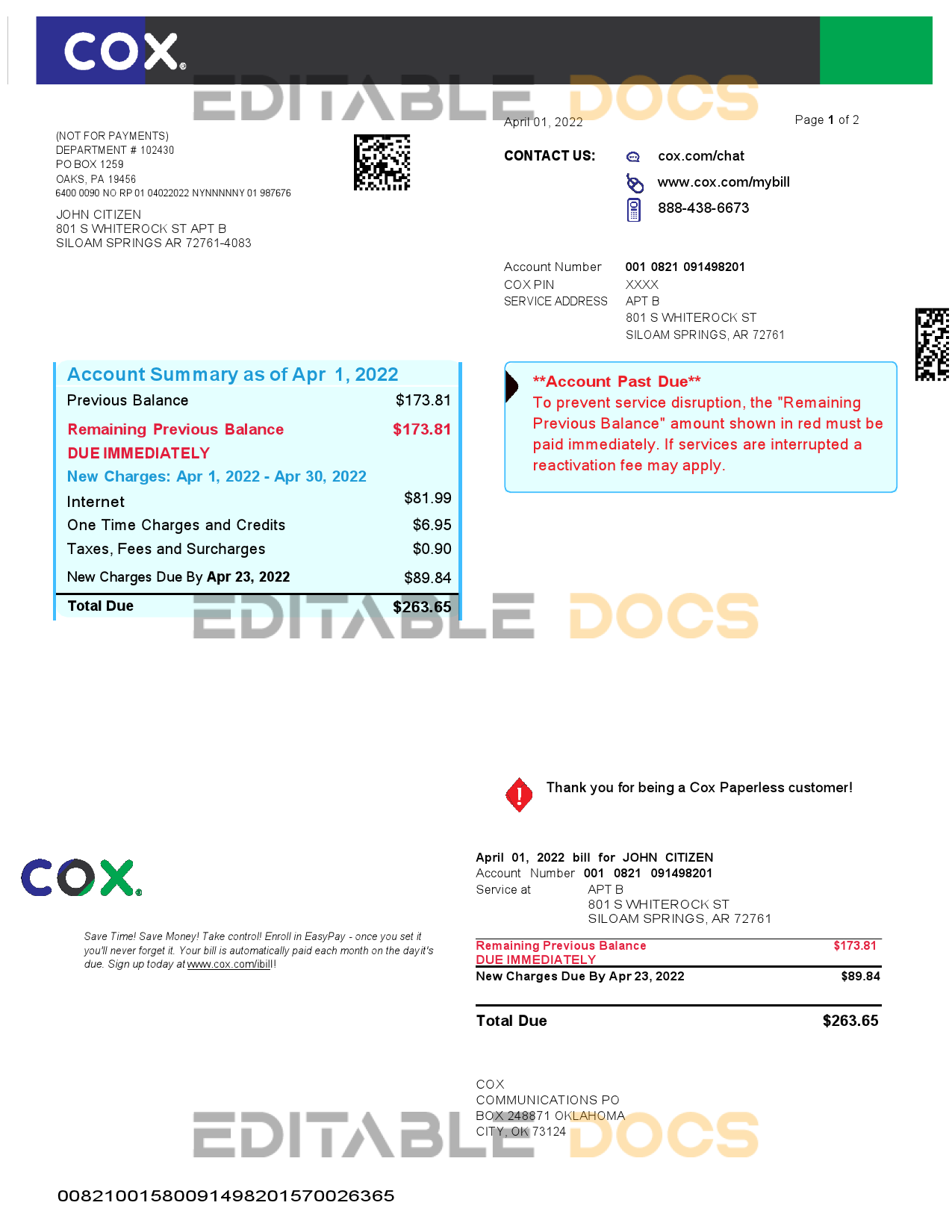 USA COX digital cable television utility bill, Word and PDF template, 2 pages