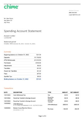 USA Chime bank statement, Word and PDF template, 3 pages