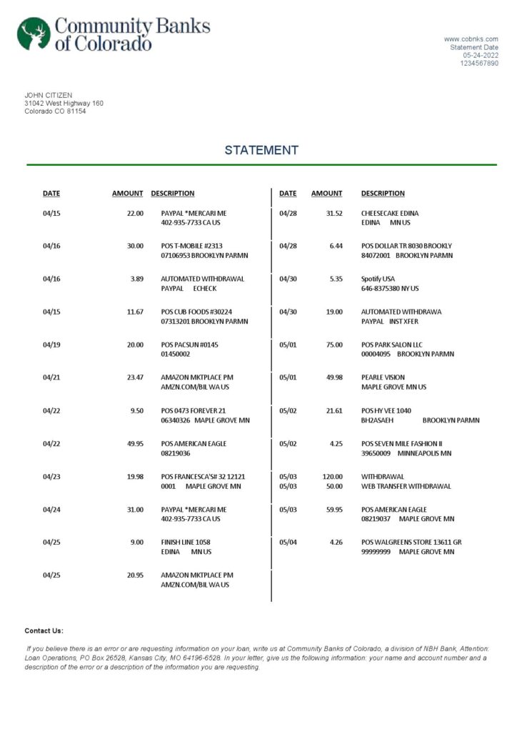 USA Community Banks of Colorado bank statement Word and PDF template