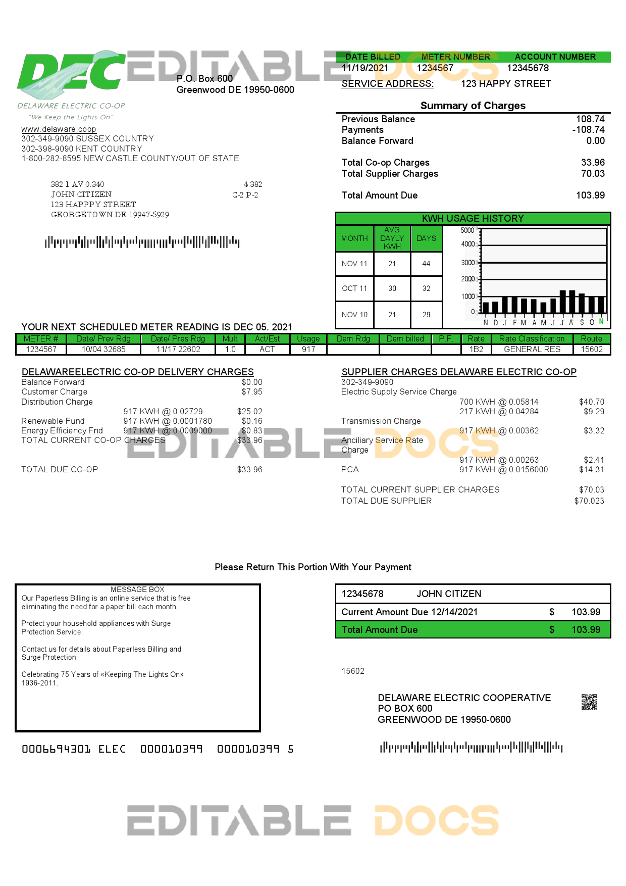 USA Delaware Electric Co-op utility bill template in Word and PDF format