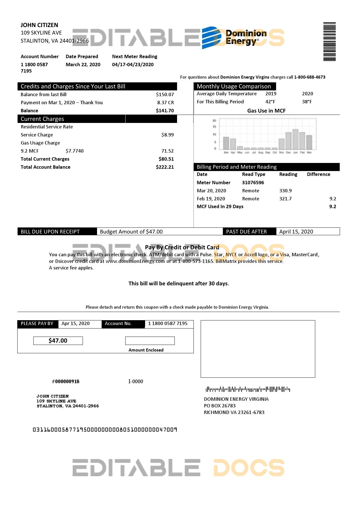 USA Dominion Energy utility bill template in Word and PDF format