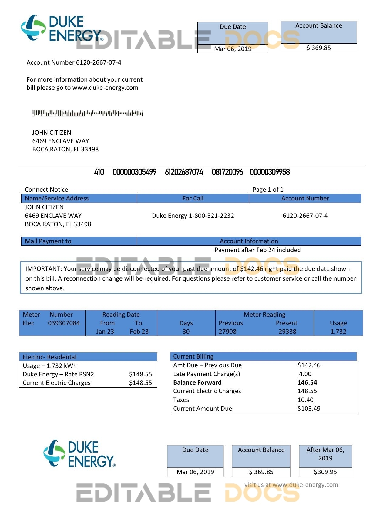 USA North Carolina Duke Energy utility bill template in Word and PDF format