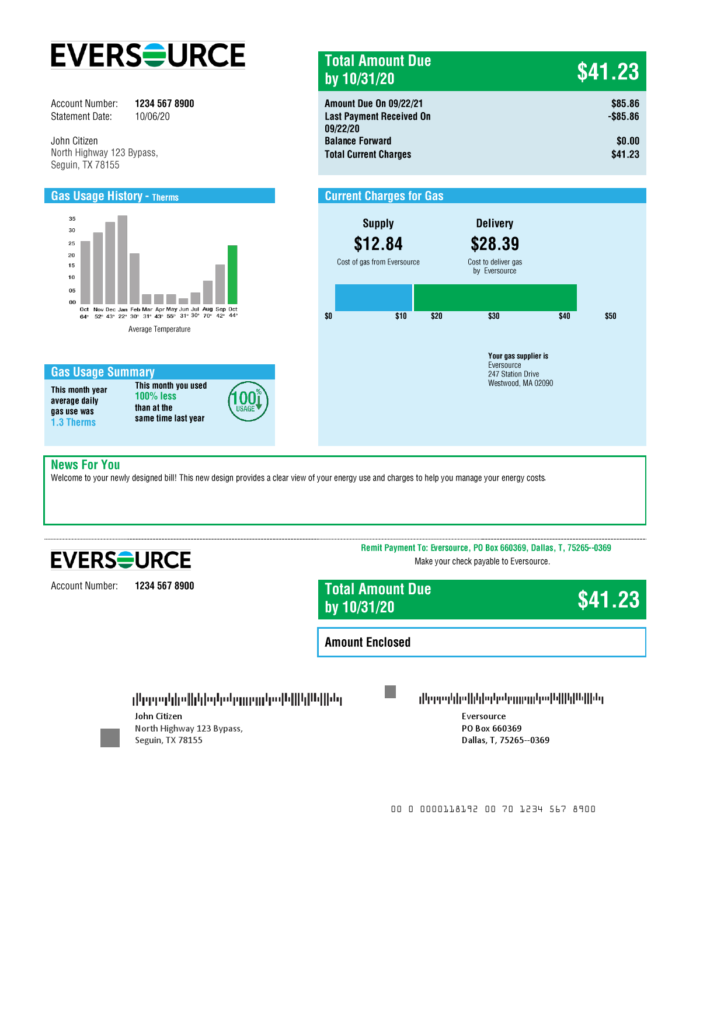 USA Eversource gas utility bill template in Word and PDF format, good for address prove