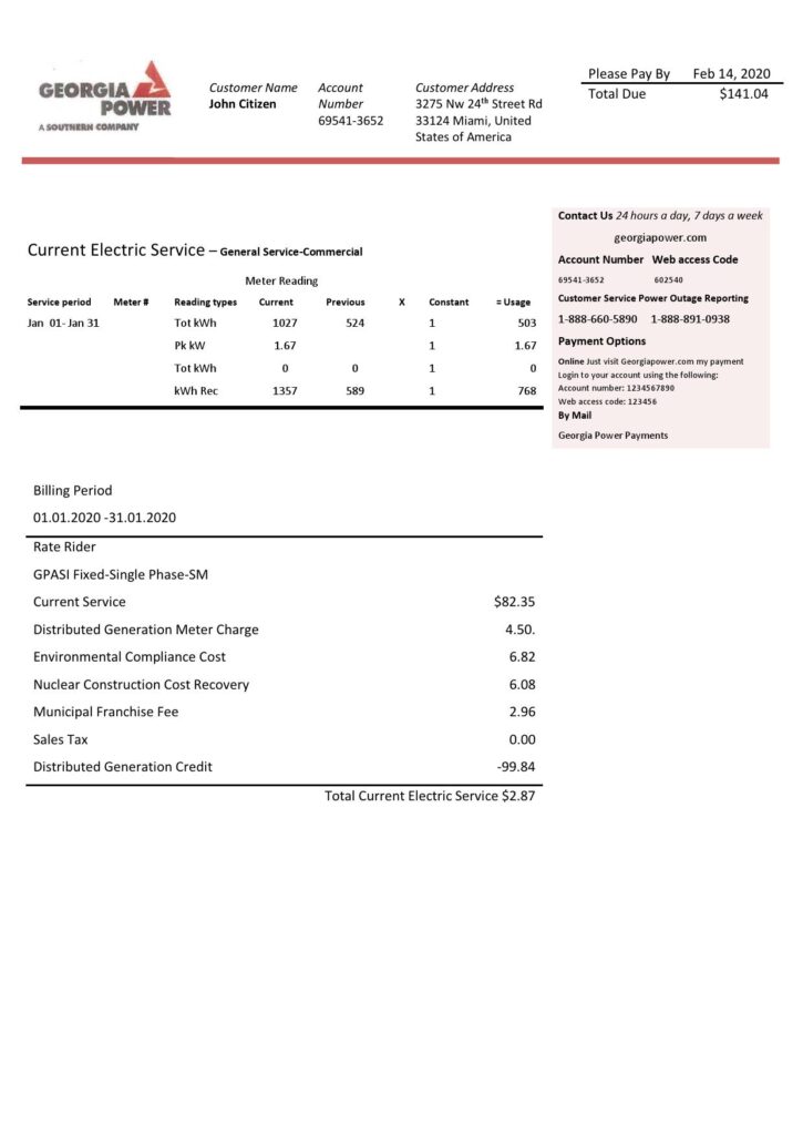 USA Georgia Power utility new brand bill template in Word and PDF format, fully editable