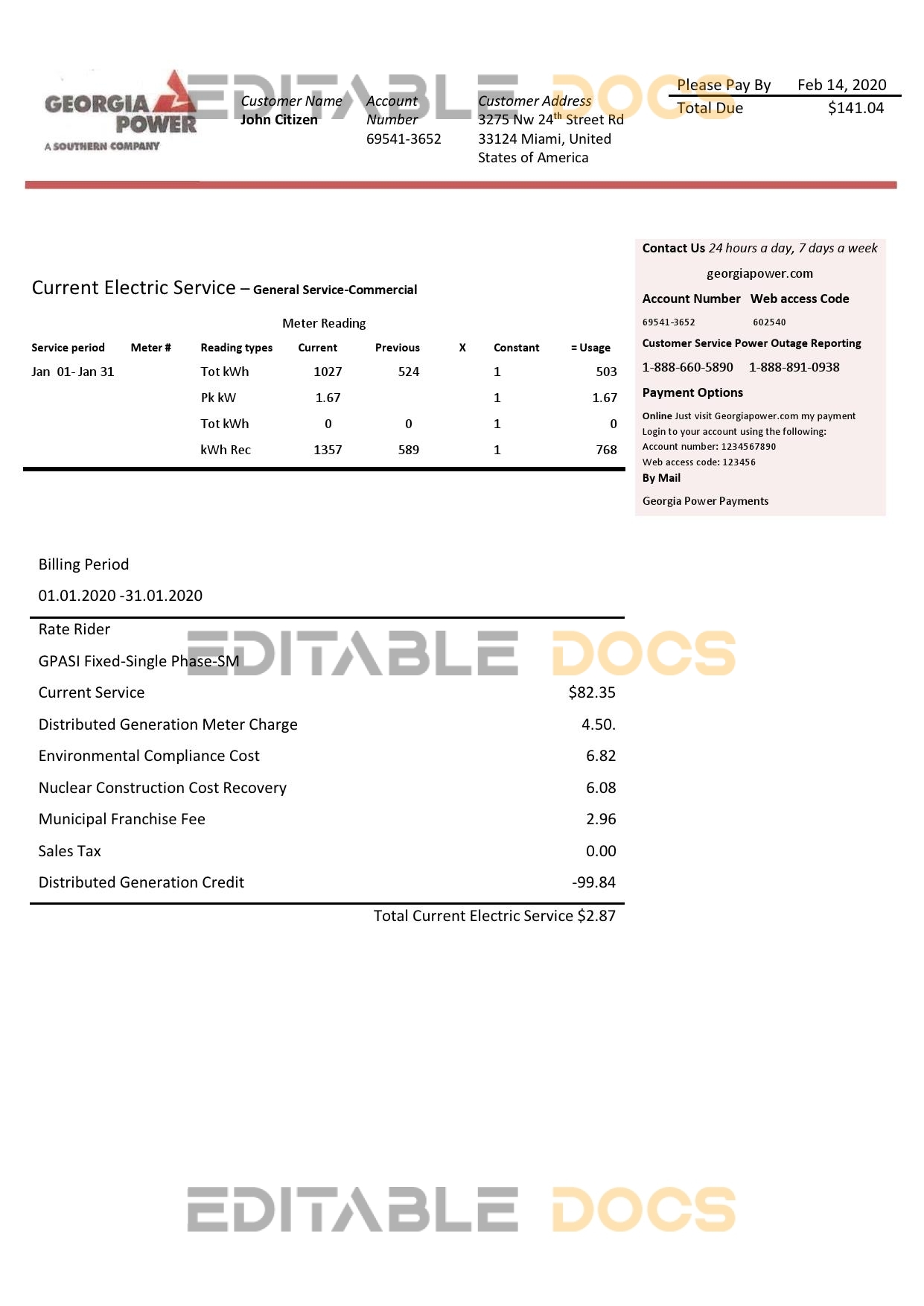USA Georgia Power utility new brand bill template in Word and PDF format, fully editable