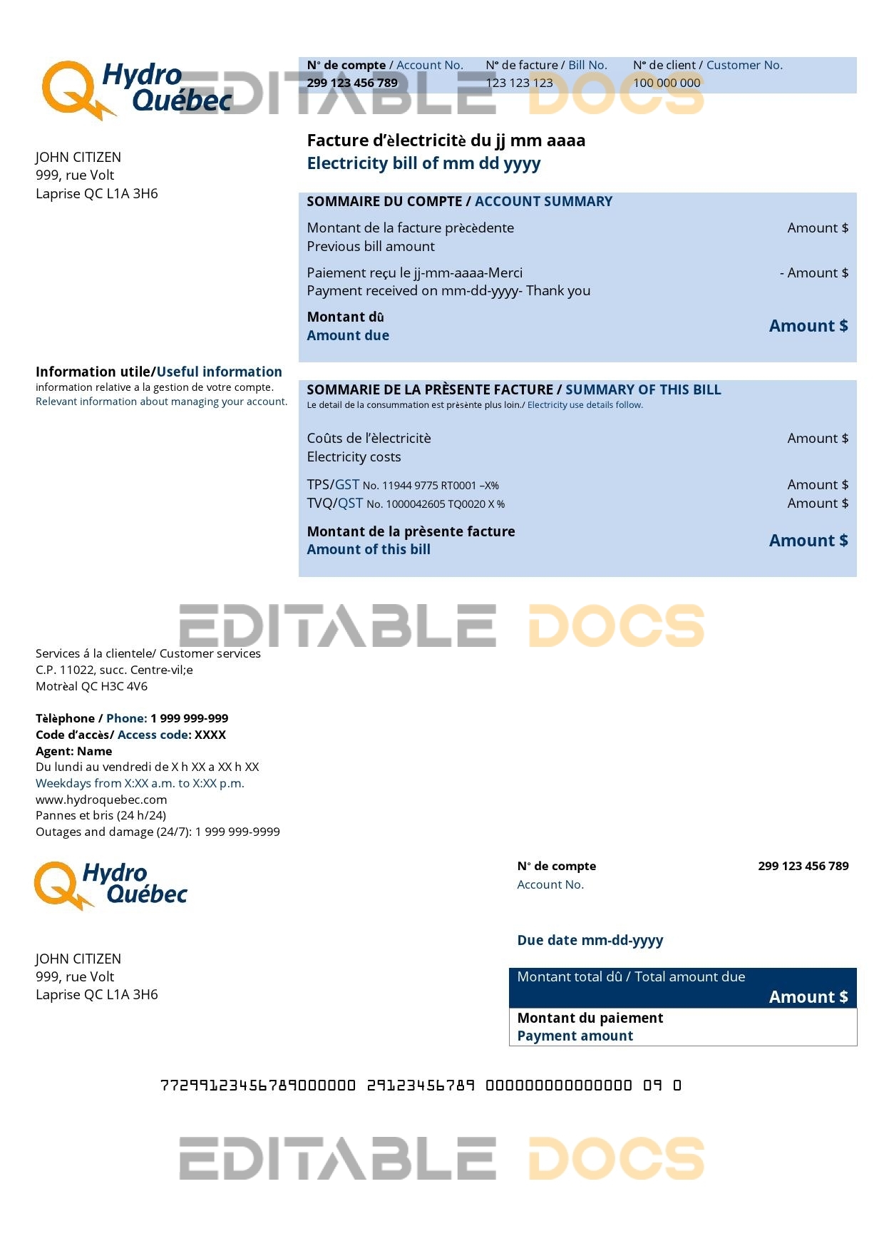 Canada Hydro-Québec utility bill template in .doc and .pdf format