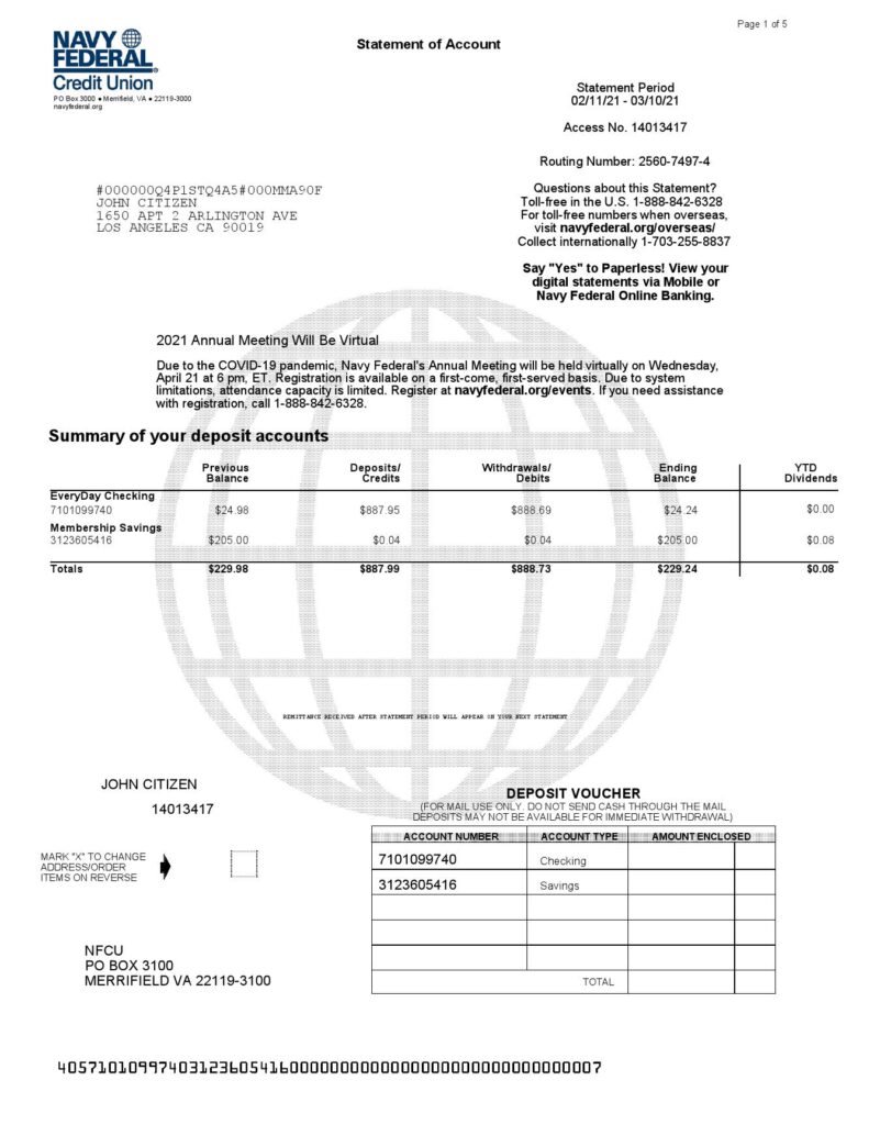USA Navy Federal Union bank statement template in Word and PDF format (5 pages)