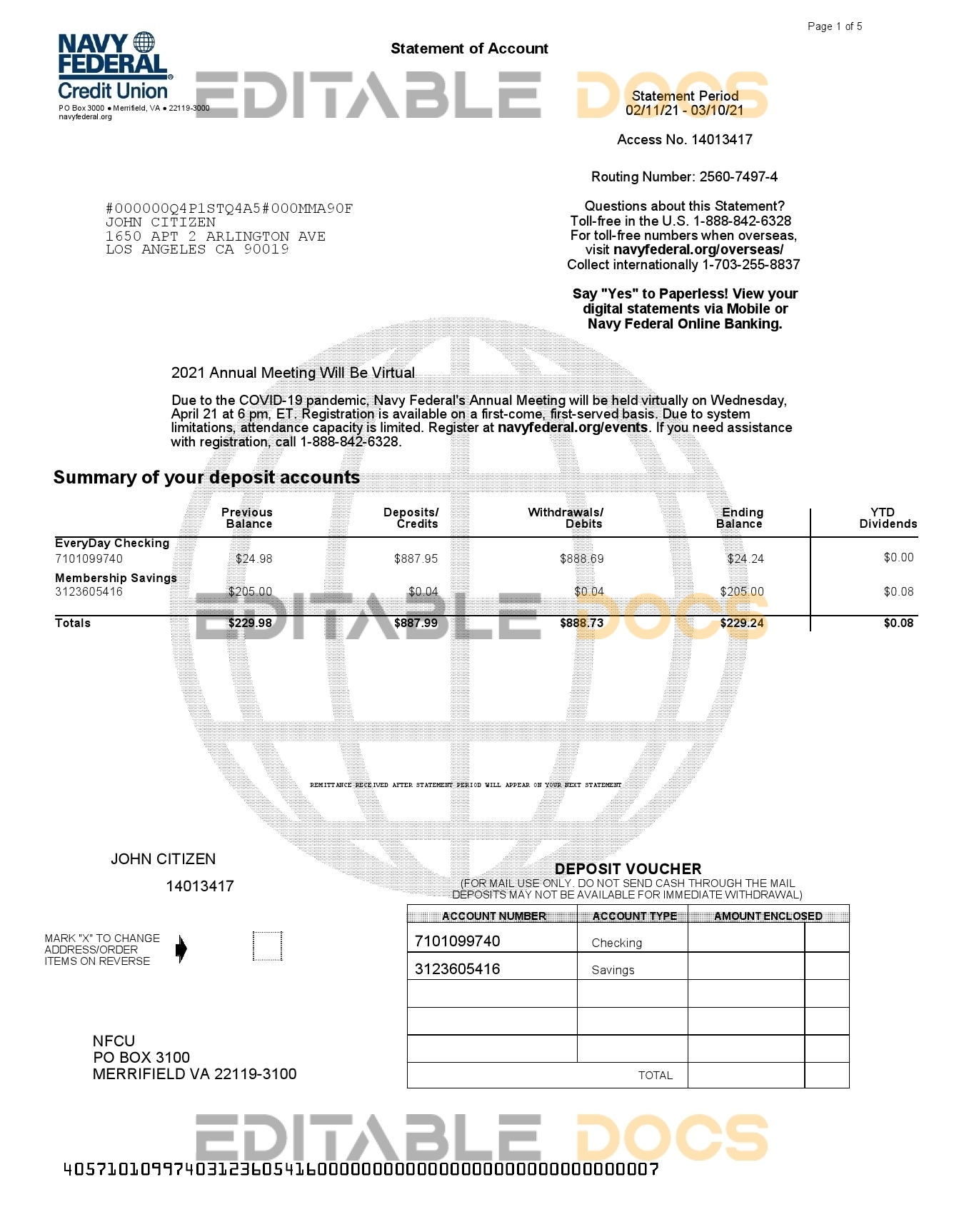 USA Navy Federal Union bank statement template in Word and PDF format (5 pages)