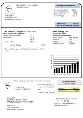 USA Oregon PGE electricity utility bill template in Word and PDF format