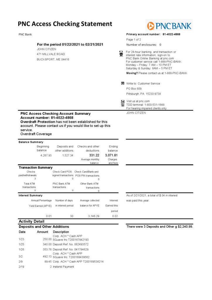 USA PNC bank statement template in Excel and PDF format, 2 pages
