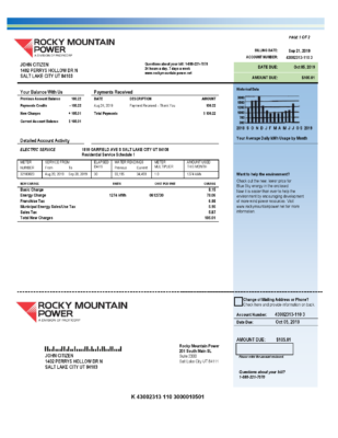 USA Utah Rocky Mountain Power electricity utility bill template in Word and PDF format