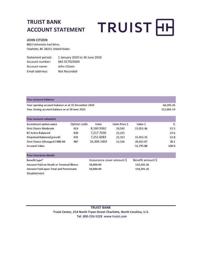 USA Truist Bank statement template in .xls and .pdf file format