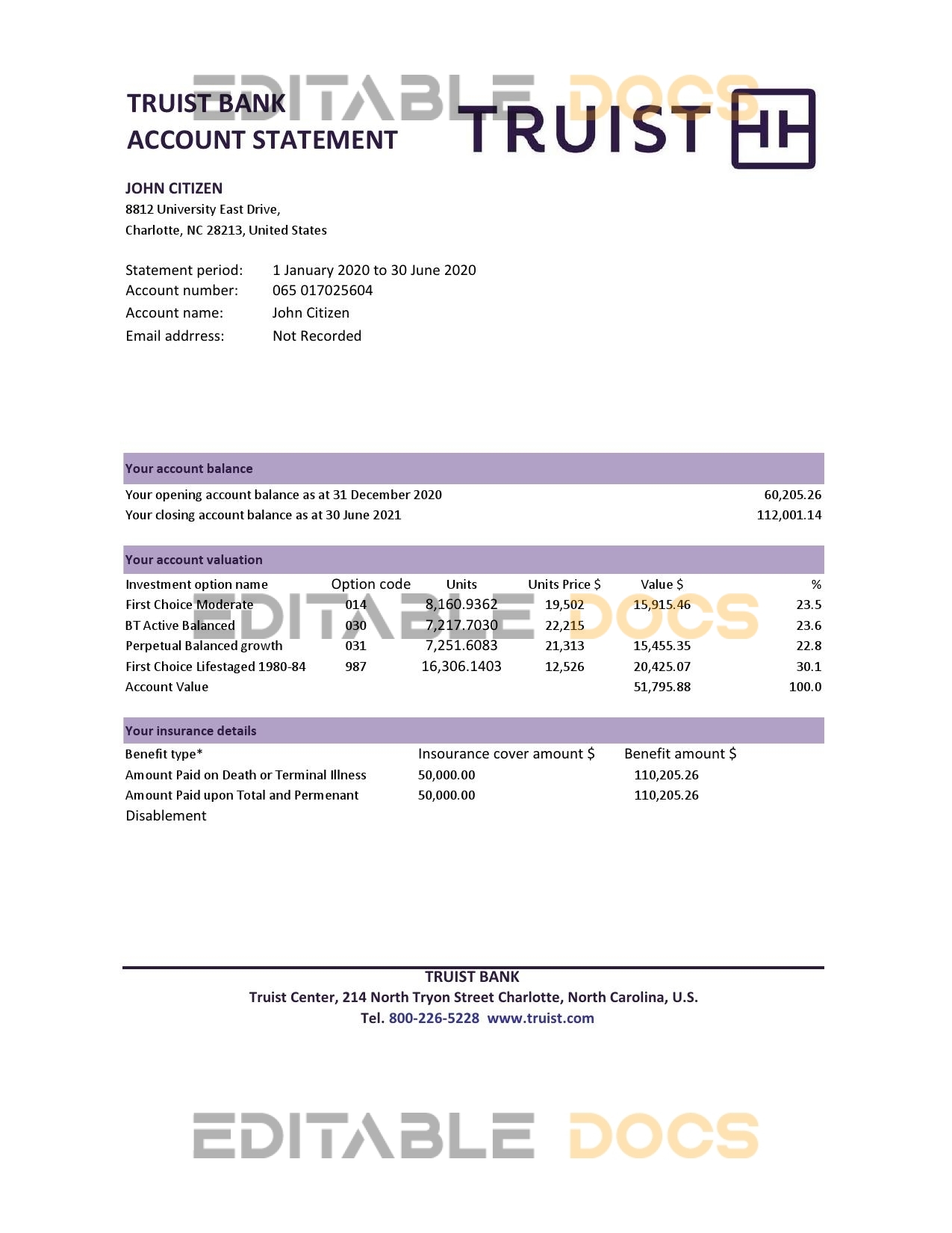 USA Truist Bank statement template in .xls and .pdf file format