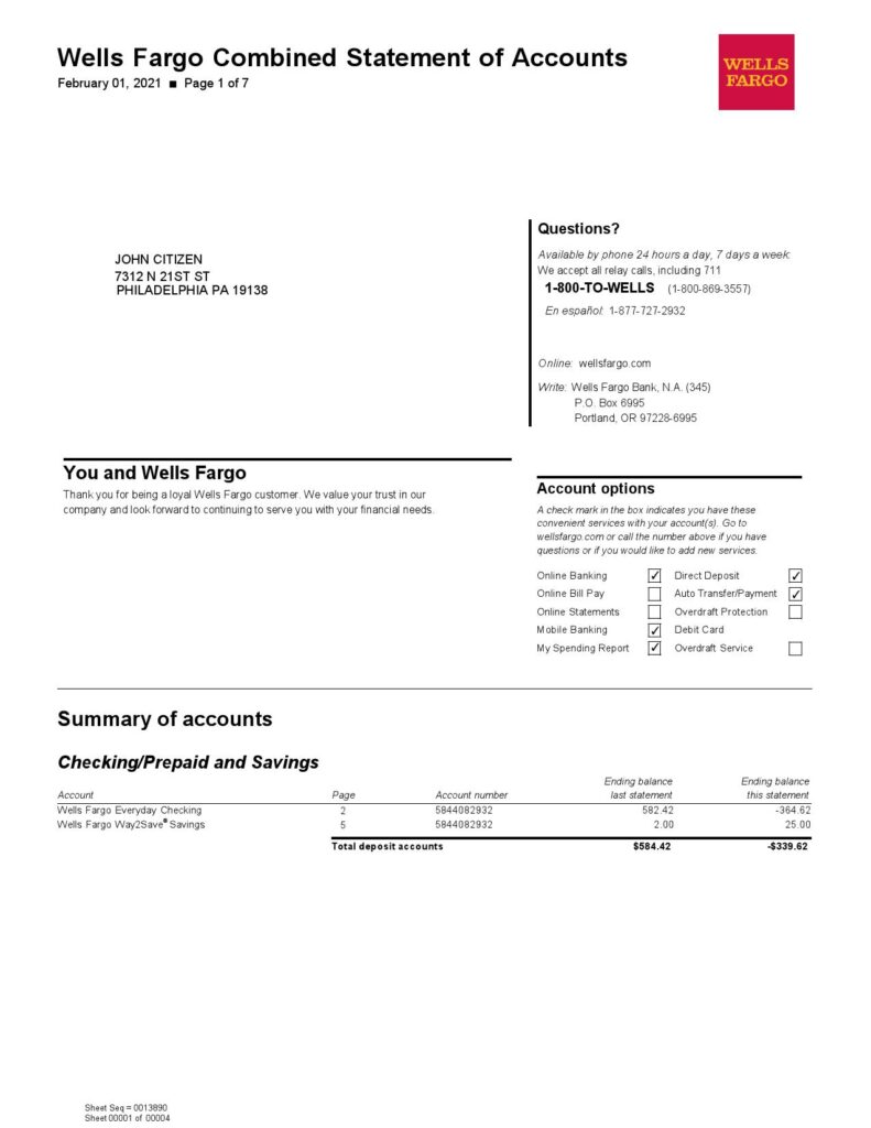 USA Wells Fargo bank statement template in Word and PDF format, 7 pages