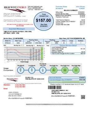 USA Wyoming High West Energy utility bill in Word and PDF format, version 2