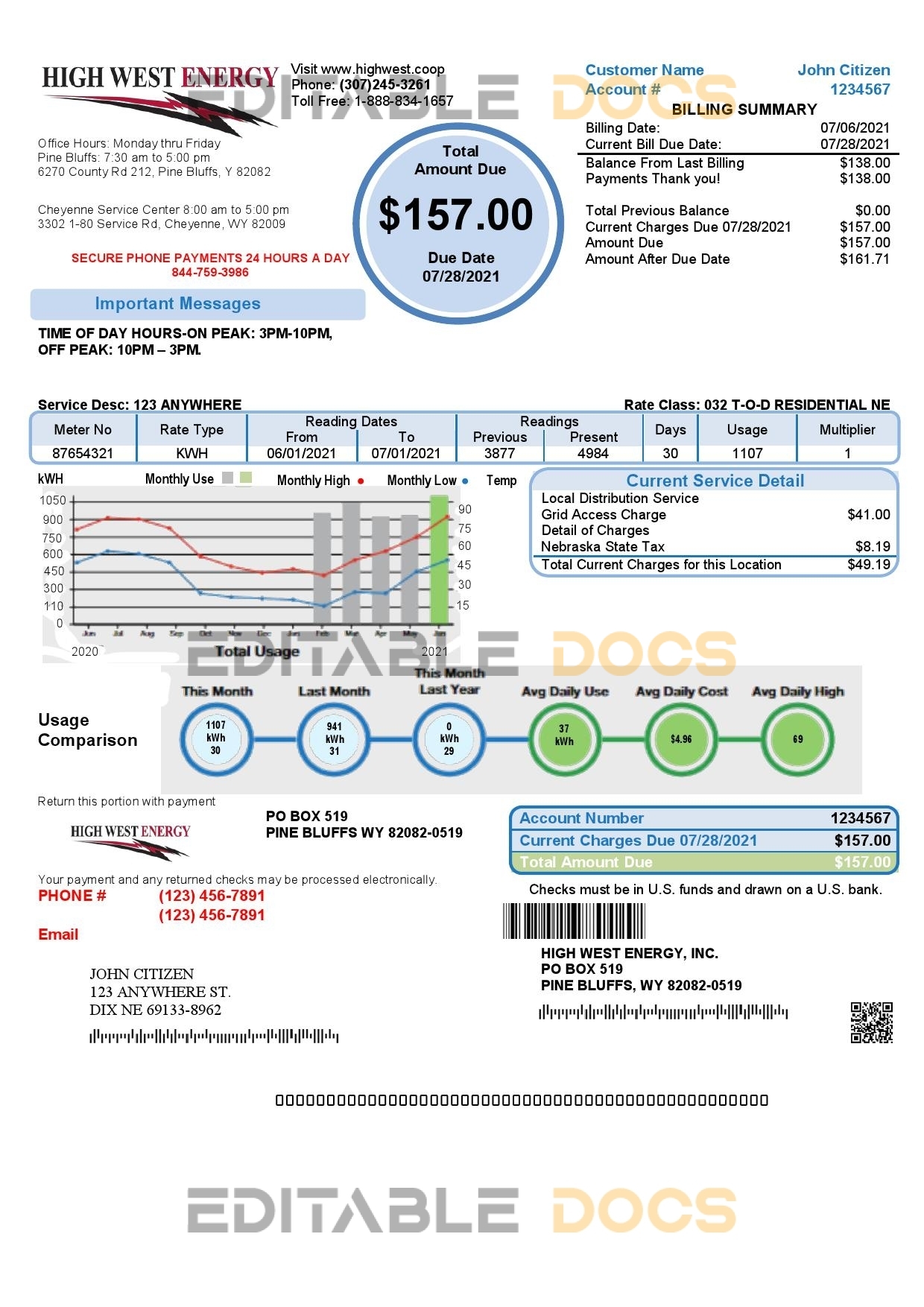 USA Wyoming High West Energy utility bill in Word and PDF format, version 2