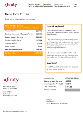 USA San Francisco Xfinity Comcast utility bill template in Word and PDF format (2 pages)