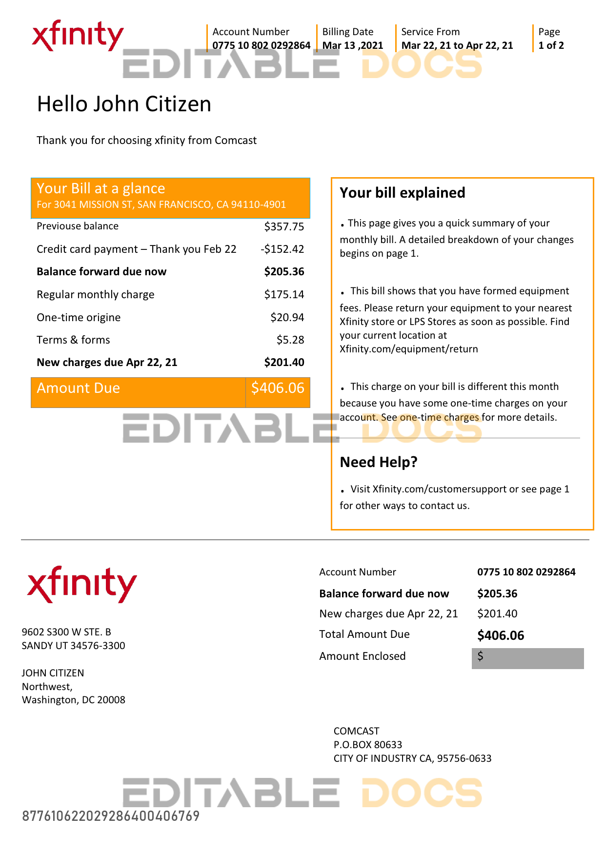 USA San Francisco Xfinity Comcast utility bill template in Word and PDF format (2 pages)