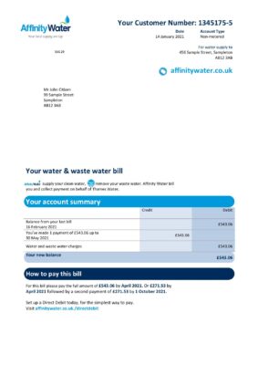 England Editable Templates 3 United Kingdom Affinity Water utility bill template in Word and PDF format