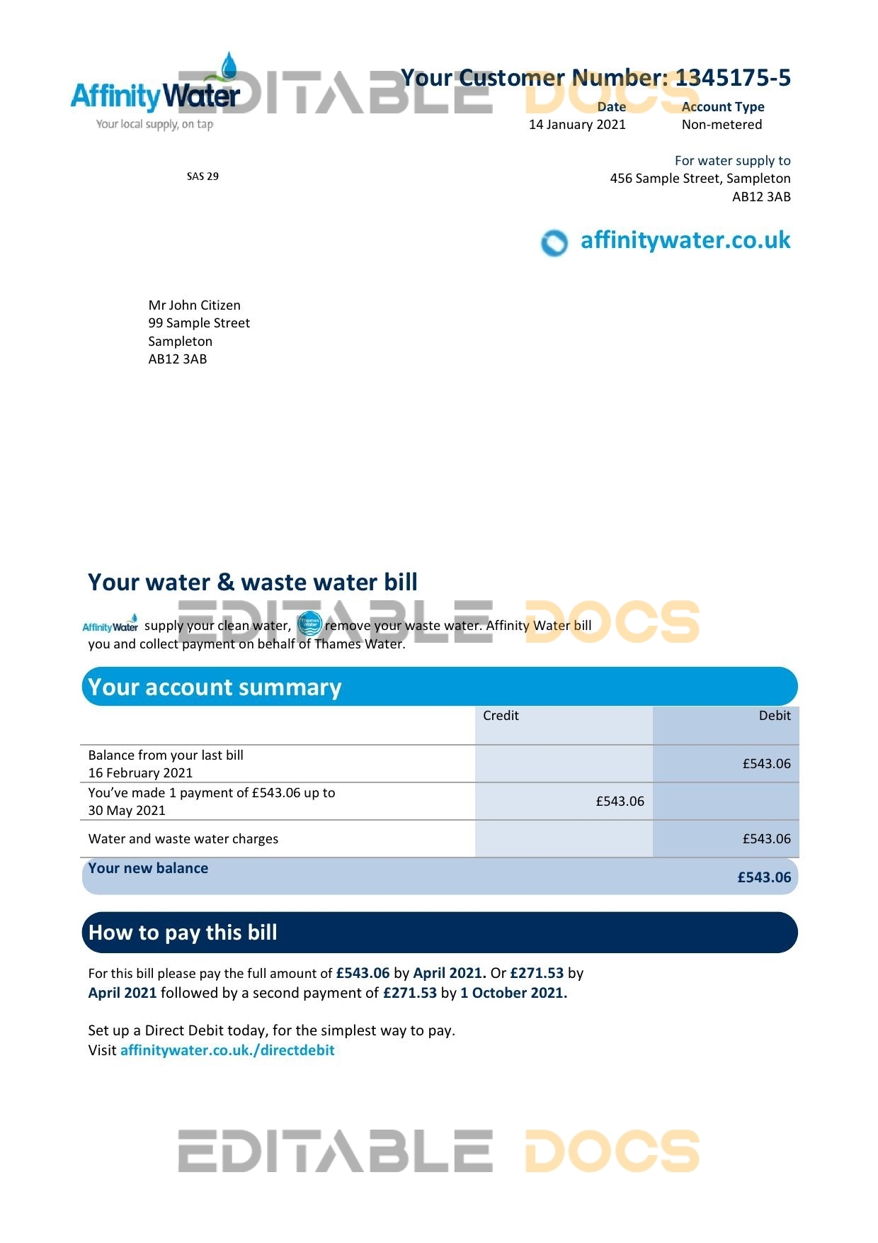 United Kingdom Affinity Water utility bill template in Word and PDF format