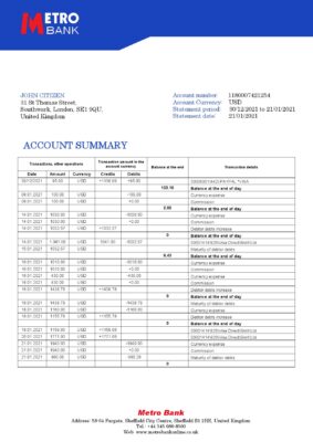 England Editable Templates 2 United Kingdom Metro Bank statement template in Word and PDF format
