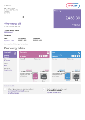England Editable Templates 5 United Kingdom Npower utility bill template, fully editable in PSD format