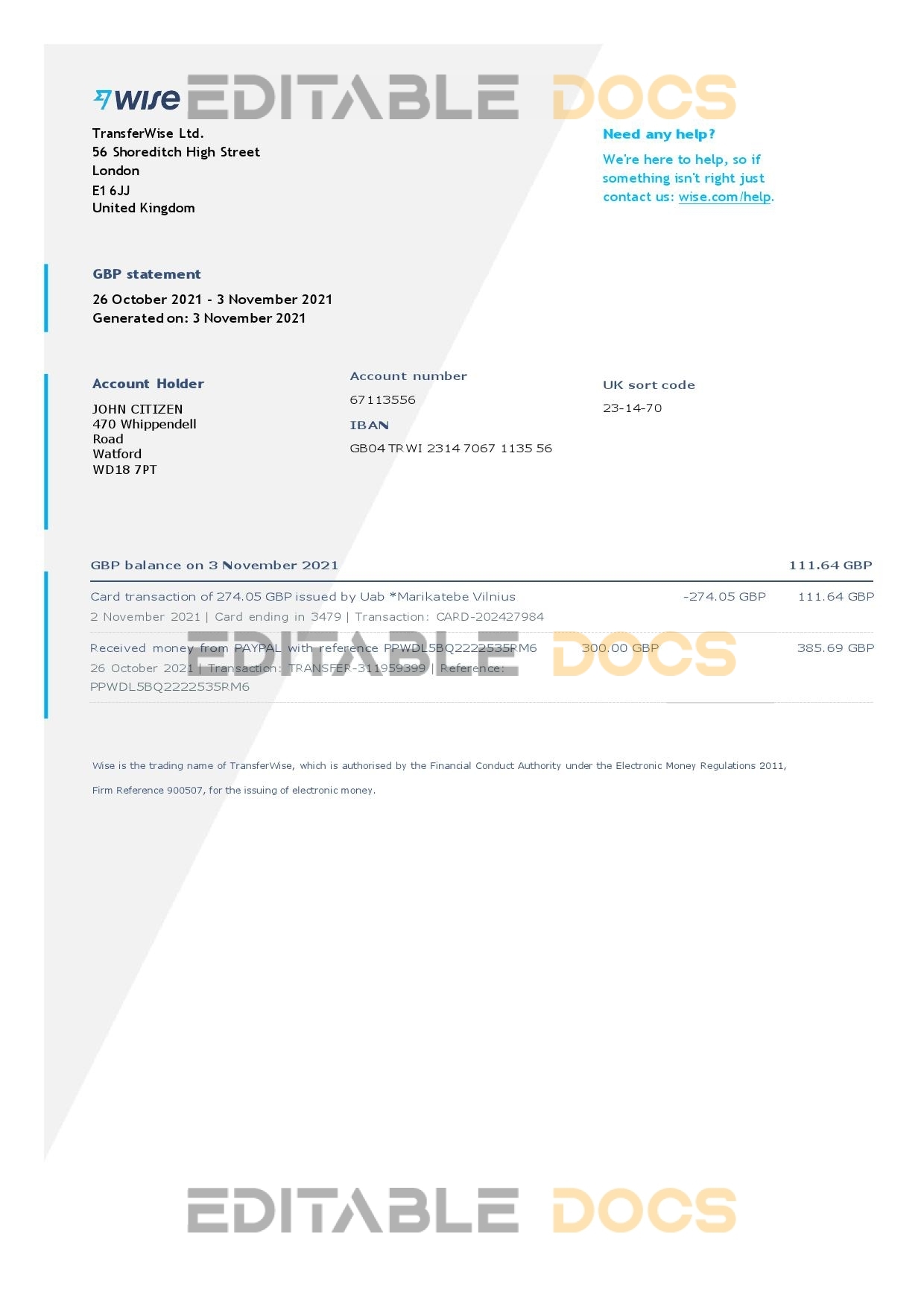 United Kingdom Wise bank statement template in Word and PDF format