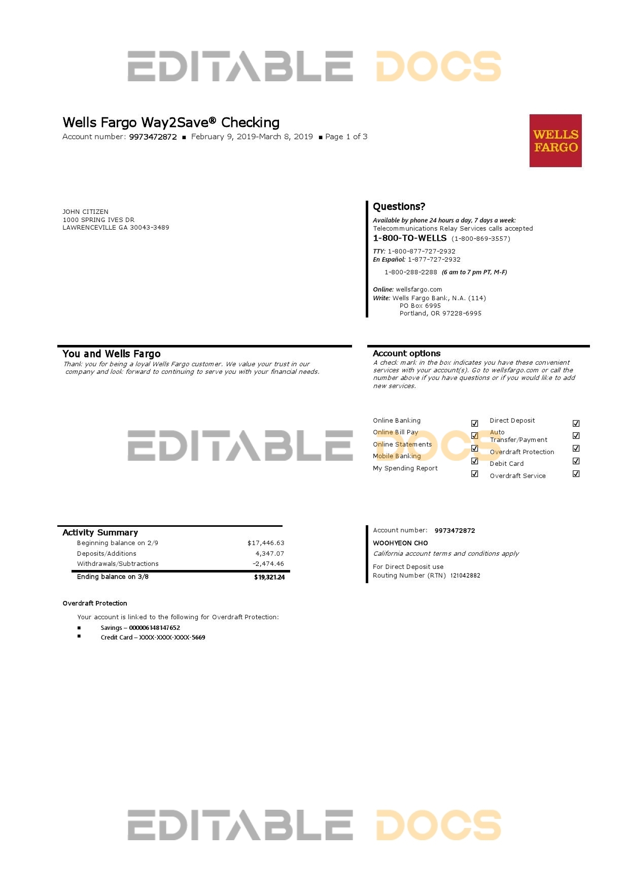 USA Wells Fargo bank statement template in Word and PDF format, 3 pages