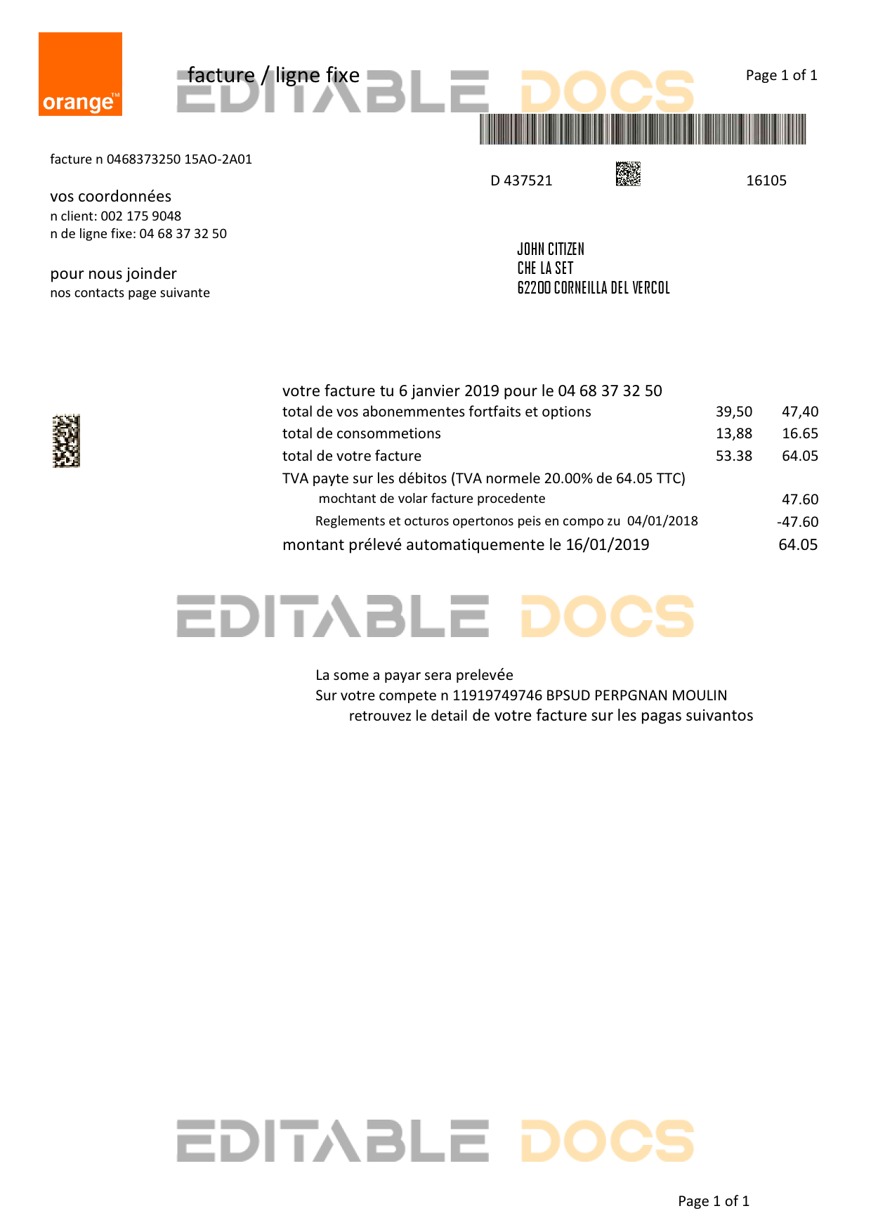 France Orange utility bill template in Word and PDF format