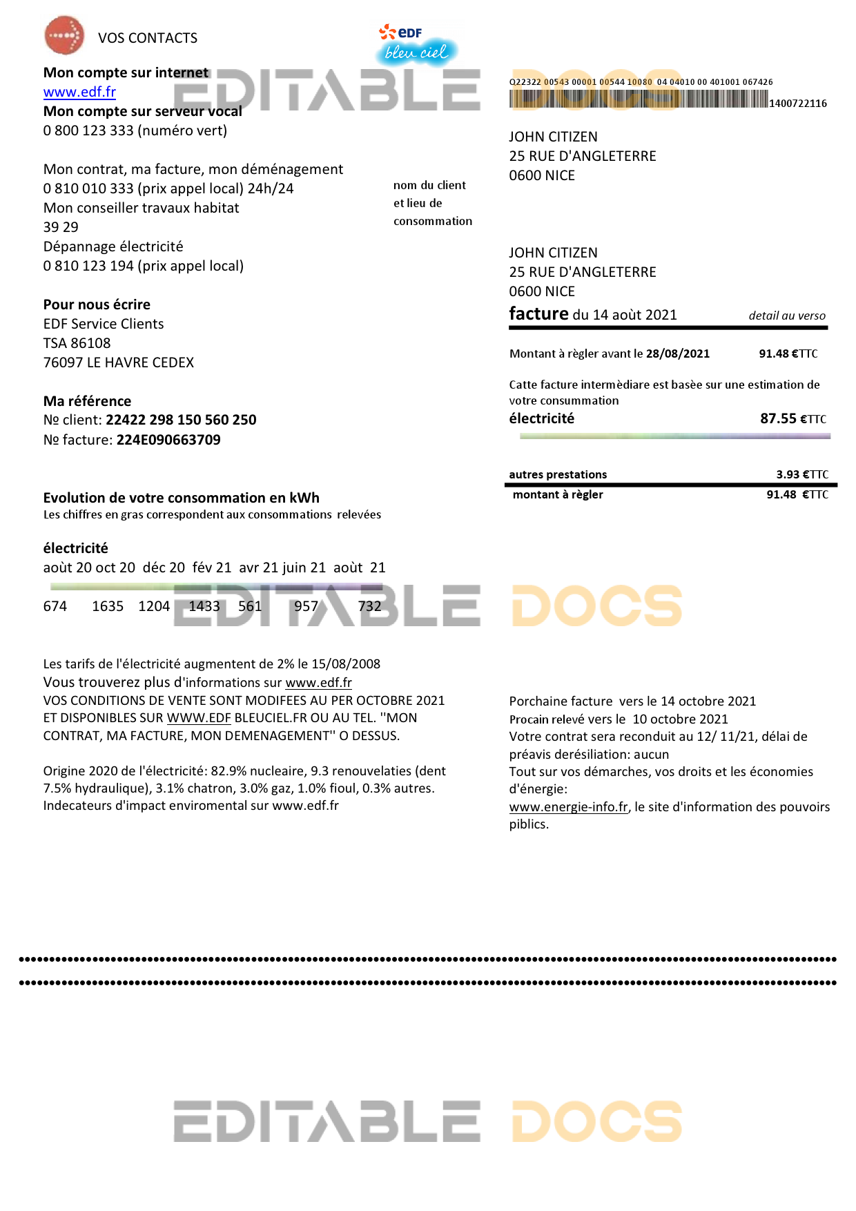 France EDF proof of address utility bill template in Word and PDF format