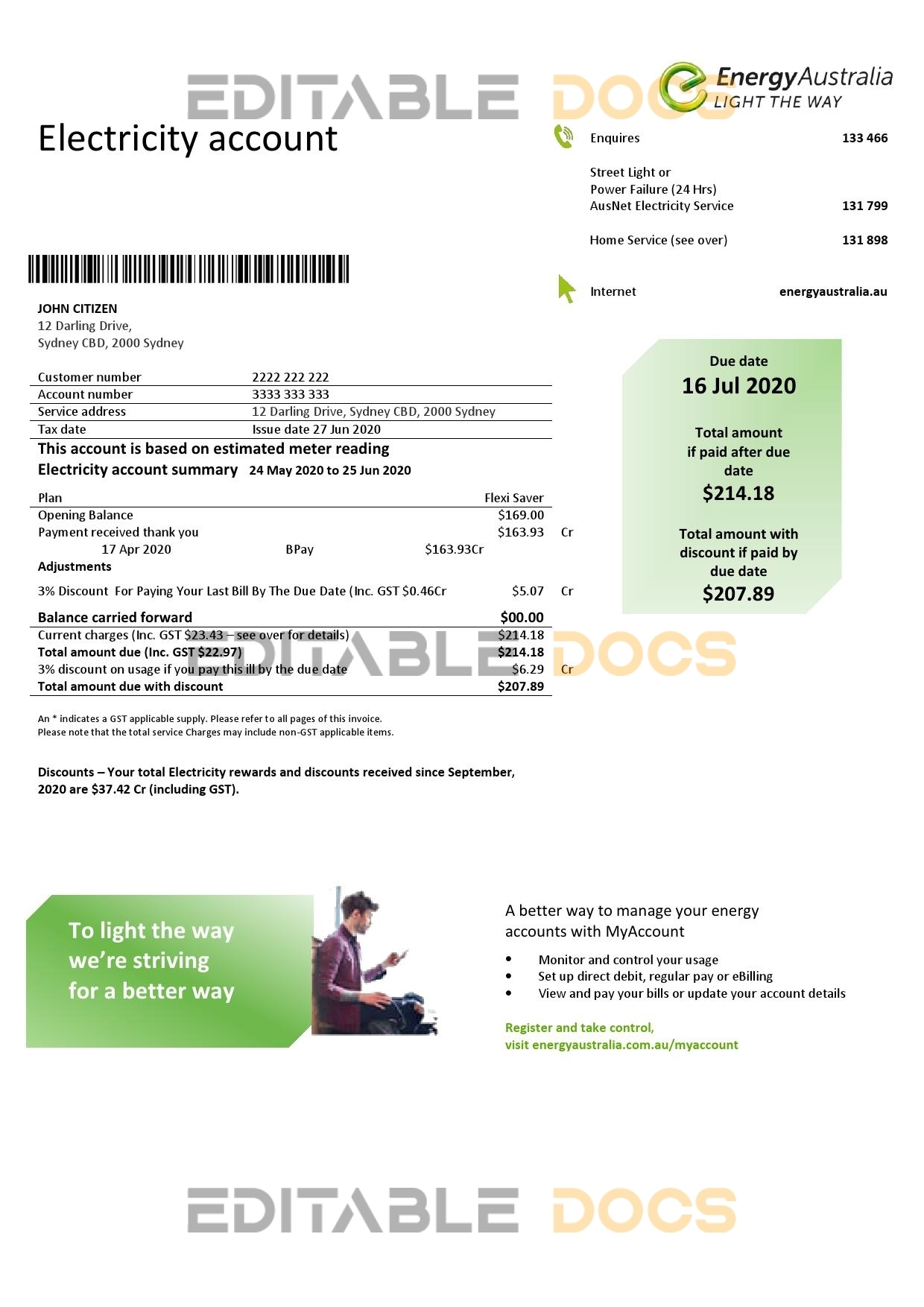 Australia Energy Australia electricity utility bill template in Word and PDF format