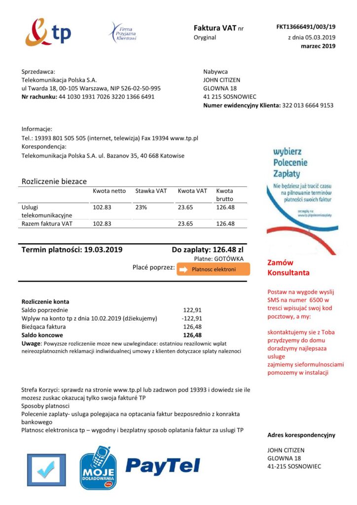 Poland TP utility bill template in Word and PDF format