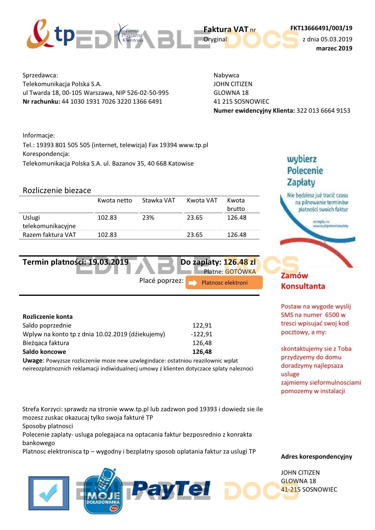 Poland TP utility bill template in Word and PDF format