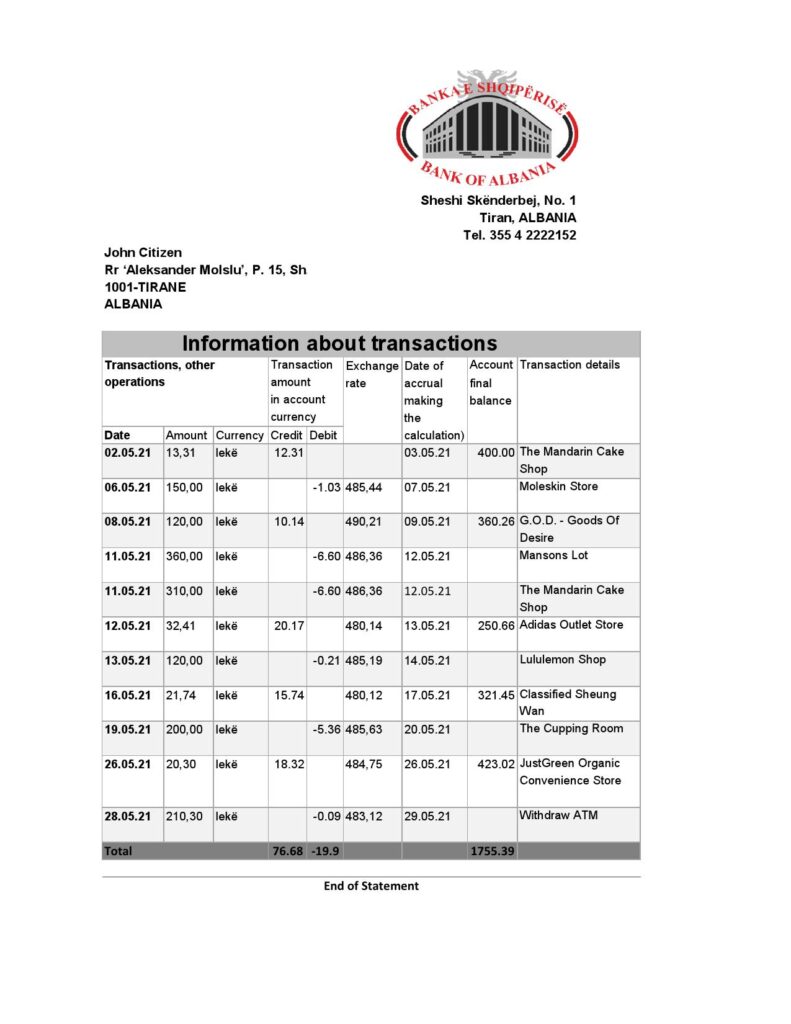 Albania Bank of Albania bank statement template in Excel an PDF format
