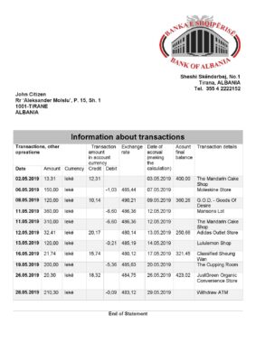 Albania Bank of Albania bank statement template in Word and PDF format