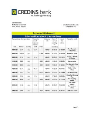 Albania Credins bank statement template in Excel and PDF format